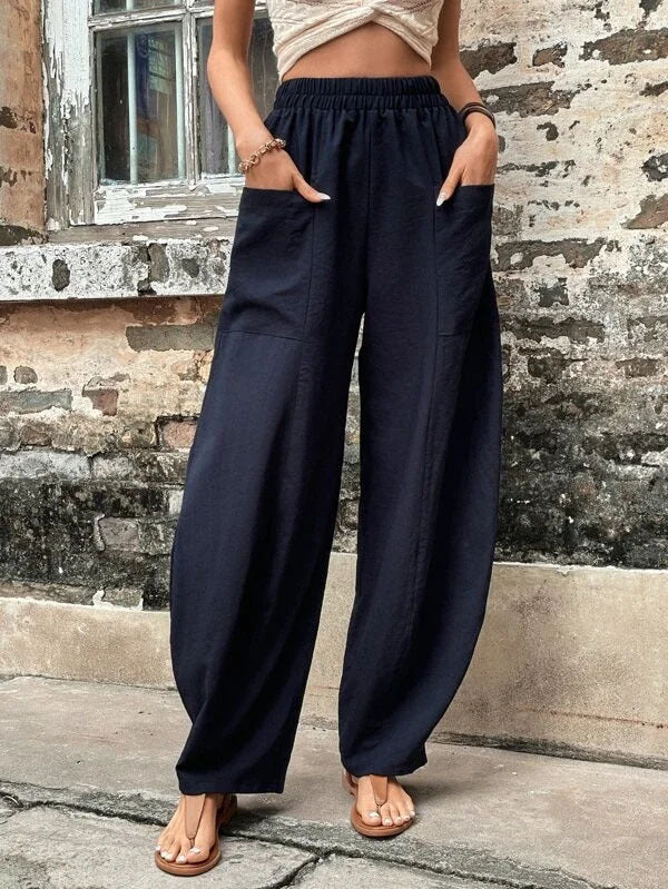 Women's Harem Pants With Pockets High Waisted Casual Beach Pants Loose Trousers