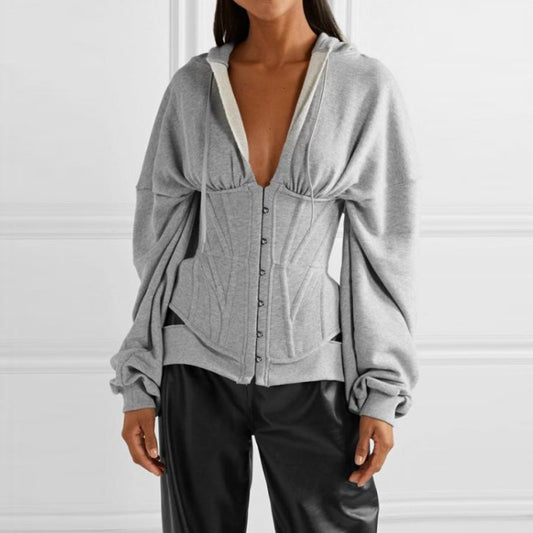 Versatile Long-sleeved Waist Fitting Hooded V-neck Top