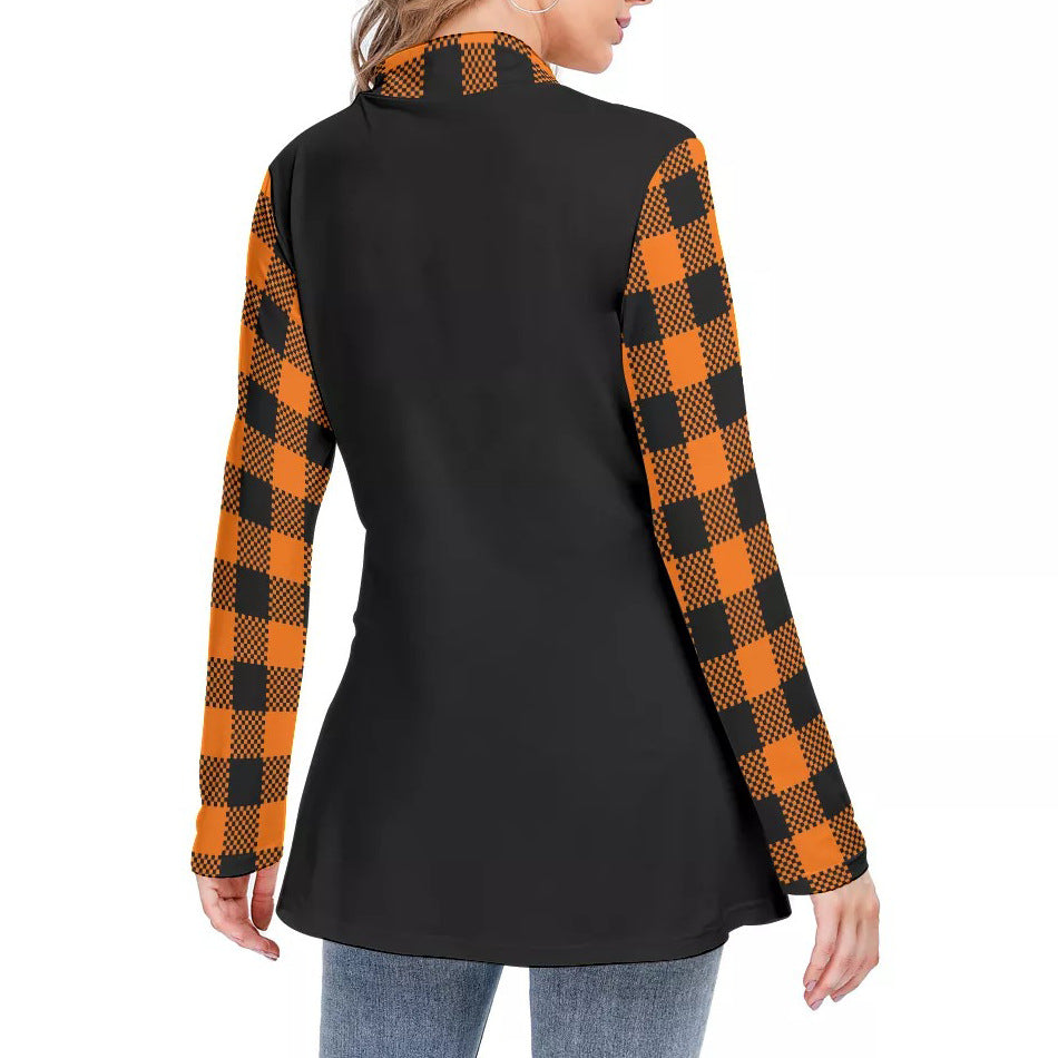 Fashion Halloween Women's Plaid Long Sleeve High Neck Slim Casual Tunic Top