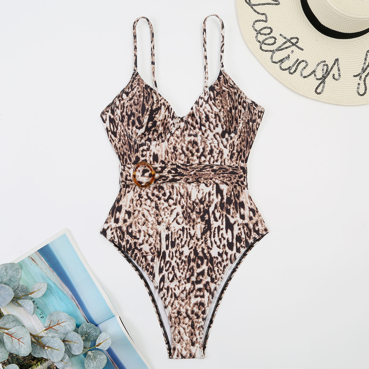 One Piece Swimsuit Conservative Leopard Belt