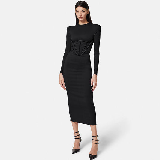 Winter New European And American Women's Black Long-sleeved O-neck Waist Stretch Dress