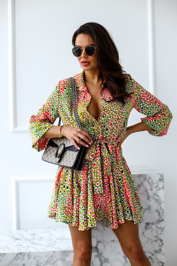 Long Sleeve Printed Waist Shirt Dress