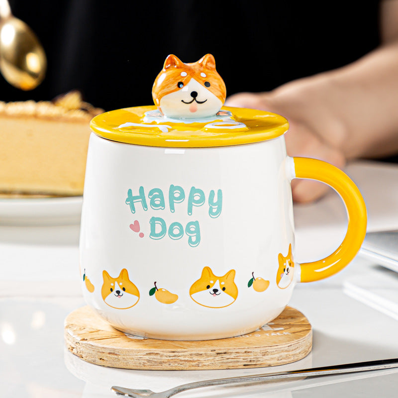 Cute Cartoon Ceramic Breakfast Cup With Lid Spoon