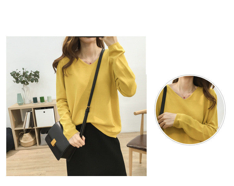 Loose Slimming V-neck Solid Color Long-sleeved Sweater