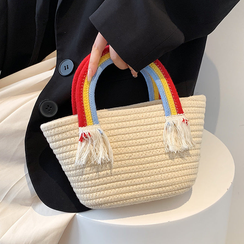 Cute Rainbow Handbag Small Bag Women's New Handmade Cotton Thread Women's Bag Straw Small Fresh Seaside Holiday Beach Bag