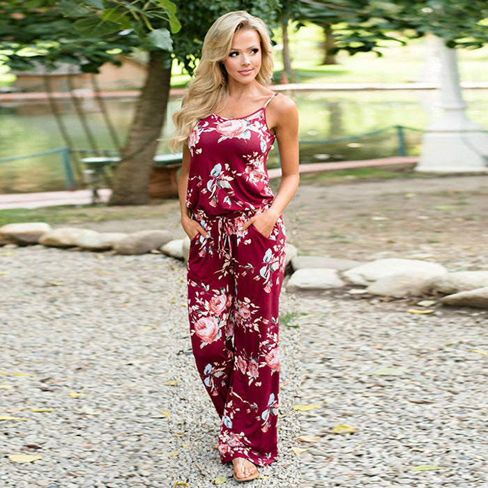 Fashion Trend Spaghetti-strap Floral Print Loose One-piece Trousers