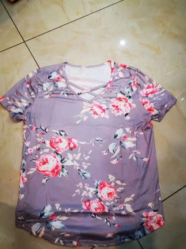 Flower Print Cross Front Short Back Long T-shirt