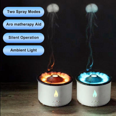 Flame Aroma Diffuser Air Humidifier Ultrasonic Cold Fog Machine Perfume Home Fog Device LED Essential Oil Jellyfish Diffuser