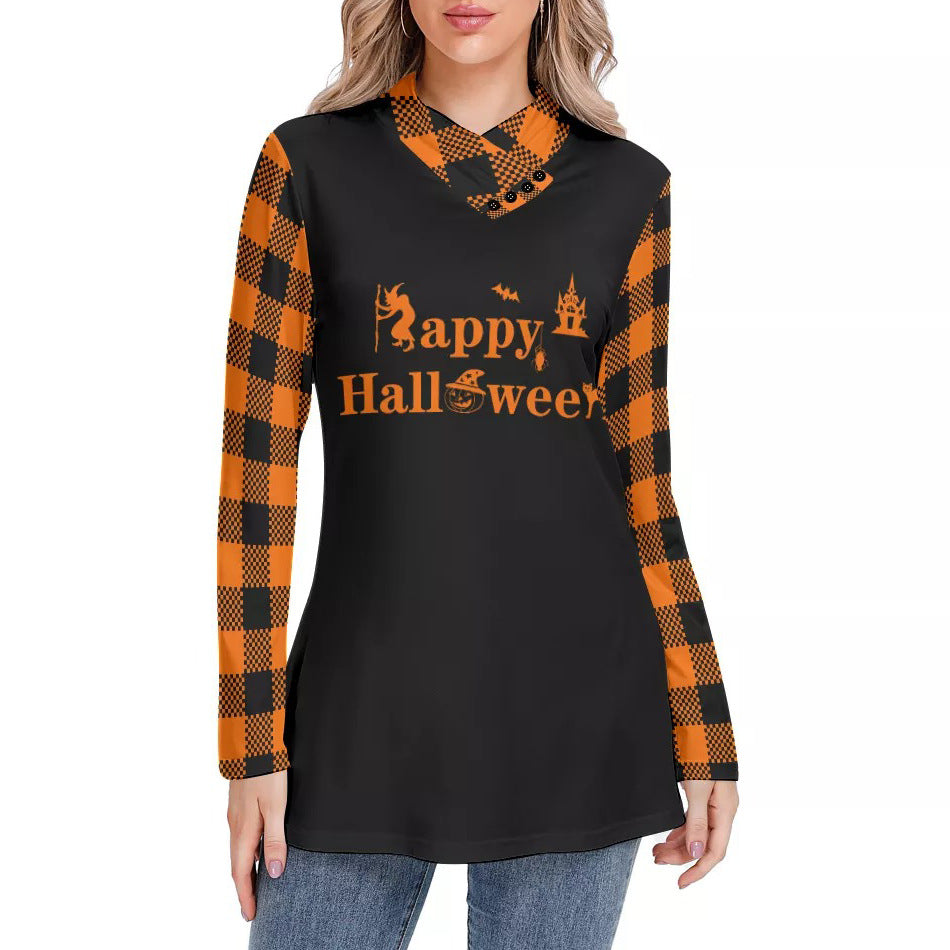 Fashion Halloween Women's Plaid Long Sleeve High Neck Slim Casual Tunic Top