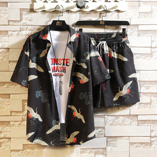 Summer Retro Chinese Style Trend Short-sleeved Design Sense Crane Print Korean Casual Two-piece Suit