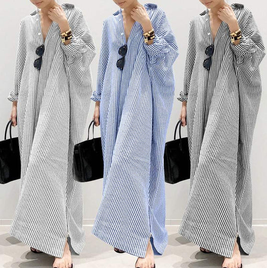 New Cotton And Linen Striped Cardigan Loose Large Temperament Commuter Irregular Dress