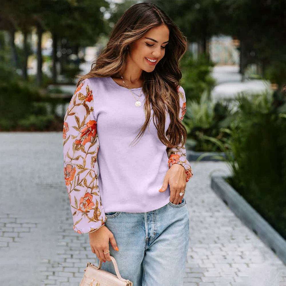 Printed Lantern Long Sleeve Casual Top Sweater Female