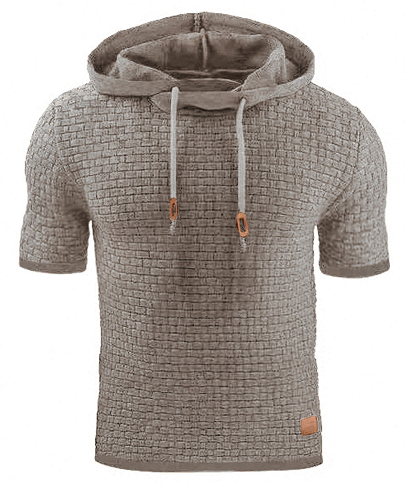 Mens Hooded Sweatshirt Short Sleeve Solid Knitted Hoodie Pullover Sweater