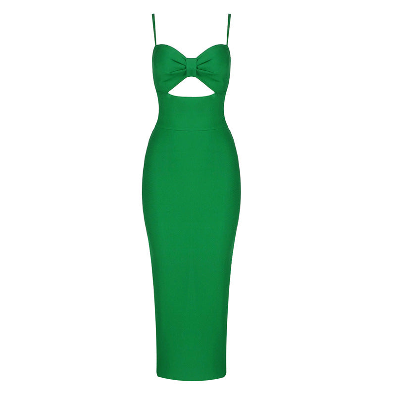 Fashion Waist Hollow Design 2021 New Sexy Solid Color V-Neck Halter Celebrity Party Club Bandage Long Dress