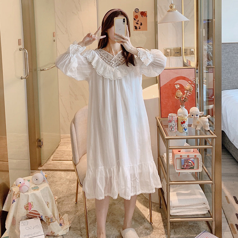 Thin Jacquard Cotton Cotton Princess Wind Long Nightdress White