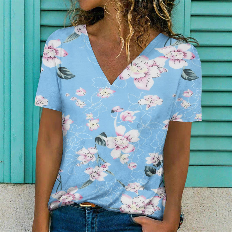 Flowers Print T-Shirt Casual Short Sleeve V-Neck Pullover Tops Women