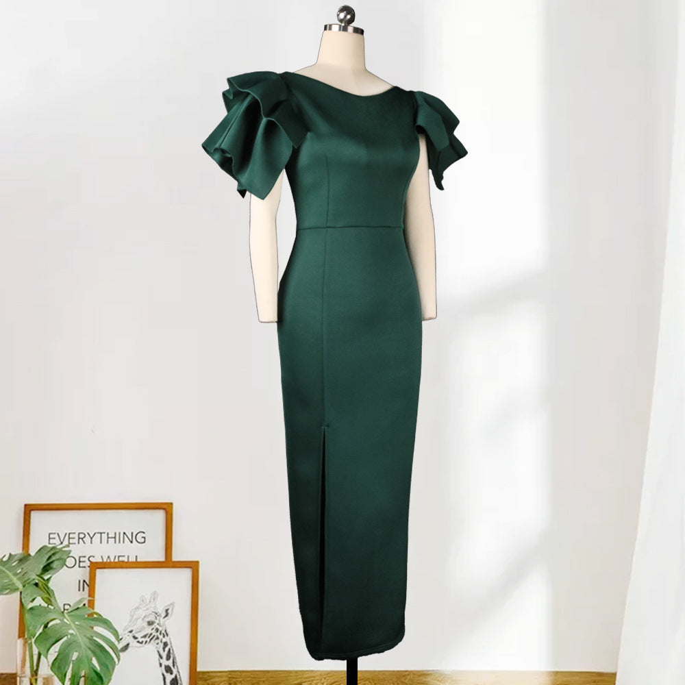 Women's Plus Size Slim-fit Green Evening Gown With Split Ends