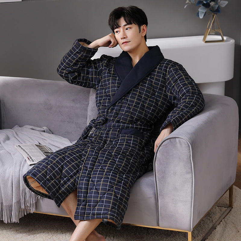 Simple Thick Cotton Long-sleeved Men's Pajamas