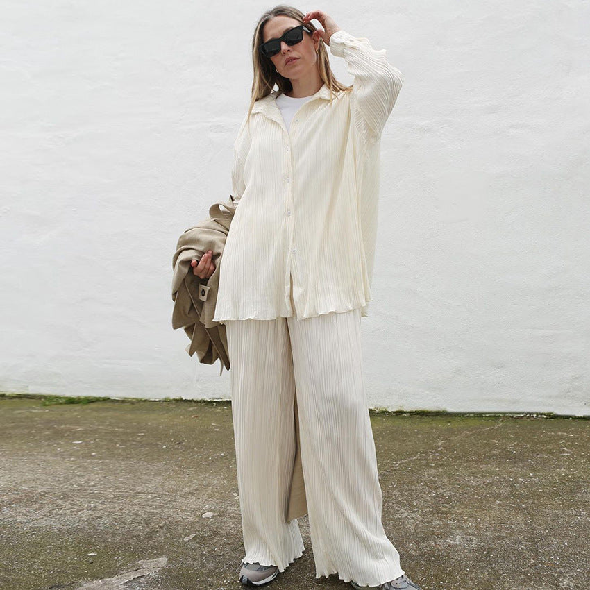 New Style Pleated Casual Shirt Suit Long-sleeved Trousers