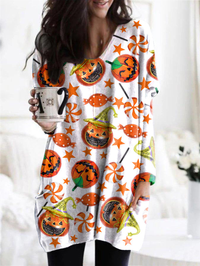 Halloween Theme Multicolor Printed Long-sleeved Women's T-shirt