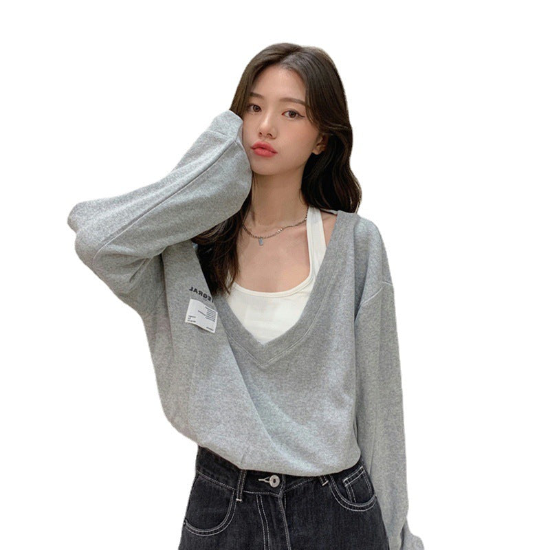 Fake Two-piece V-neck Sweater Women's Thin Loose Top