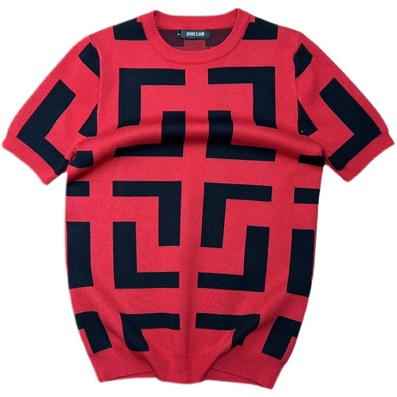 Geometric Pattern Bottoming Shirt Men's Short-sleeved Knitted Top