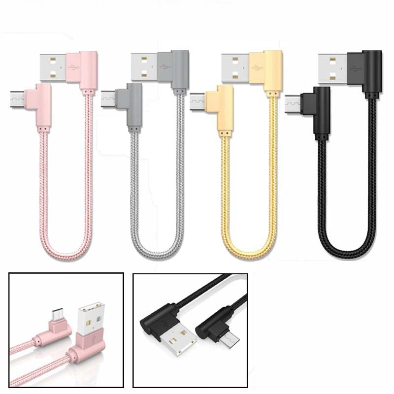 Double Elbow Braided Data Cable Micro Usb Android Mobile Phone Universal V8 Right Angle 90 Degree Charging Short Cable 20cm