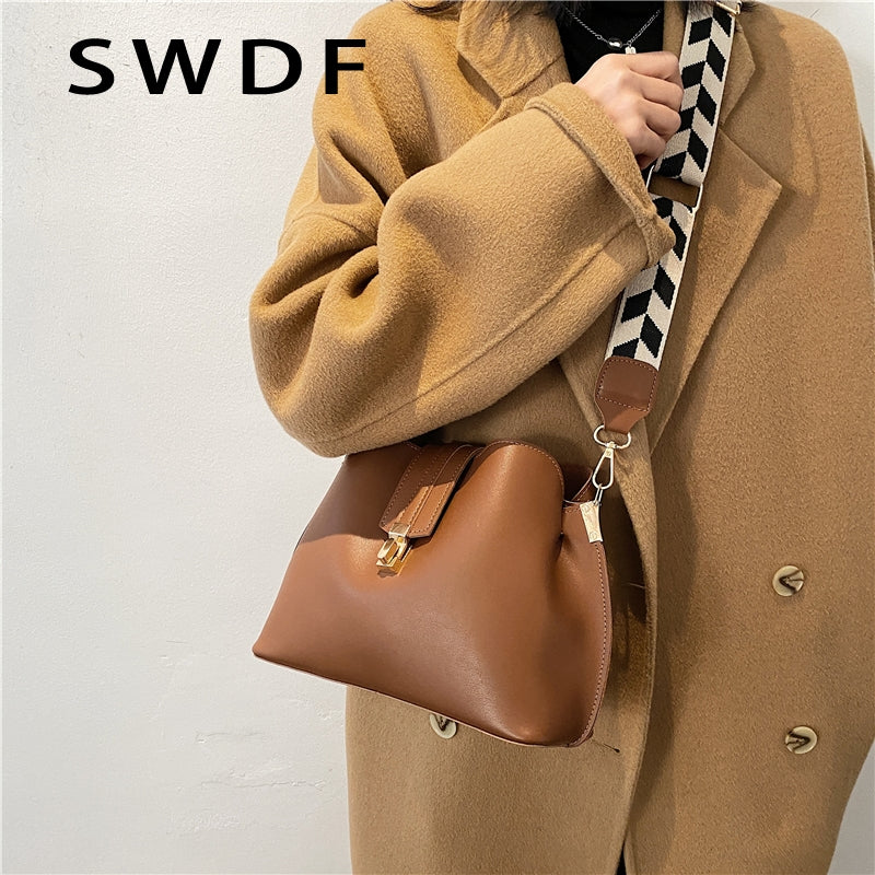 SWDF Vintage Simple Small PU Leather Bucket Crossbody Bags For Women 2022 Designer Fashion Lady Luxury Black Shoulder Handbags