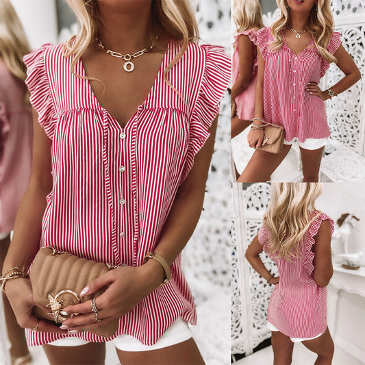 Striped Print V Neck Short Sleeve Blouse Blouse