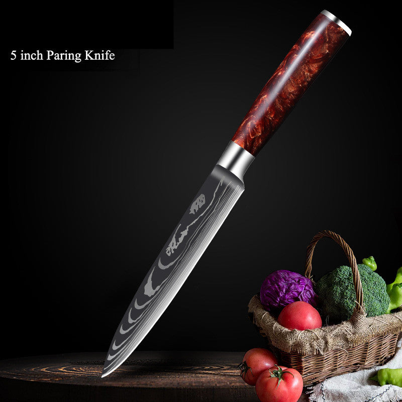 Red Resin Handle Damascus Laser Pattern Set Kitchen Knife