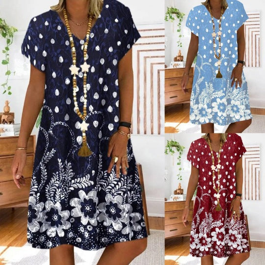 Short Sleeve Positioning Print V-neck Dress