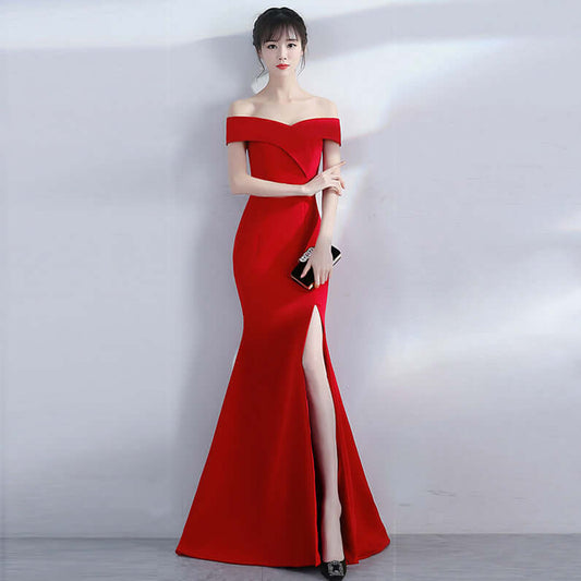 Banquet evening dress word-shoulder fishtail dress