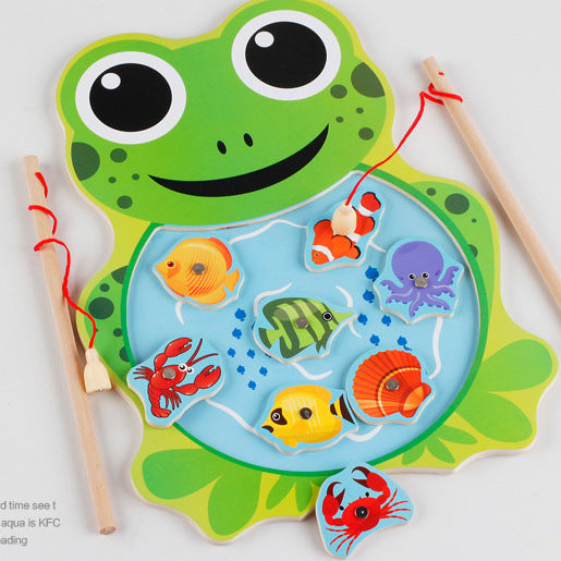 Wooden Children's Double Rod Magnetic Frog Kitten Fishing Educational Toys