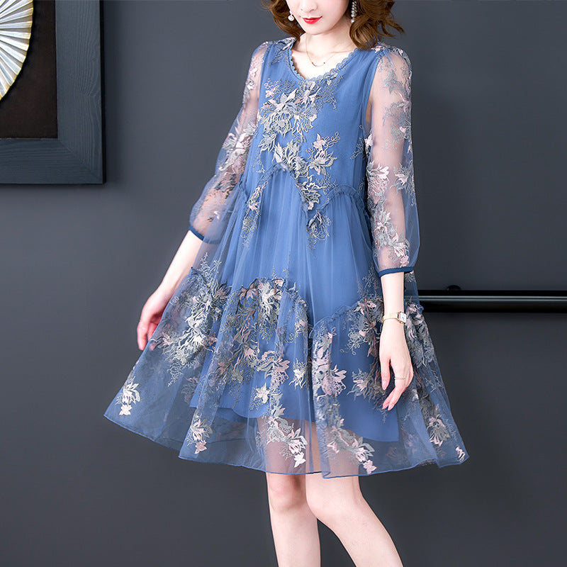 Mesh Embroidery Printed Off-the-shoulder Loose And Slimming A-line Dress