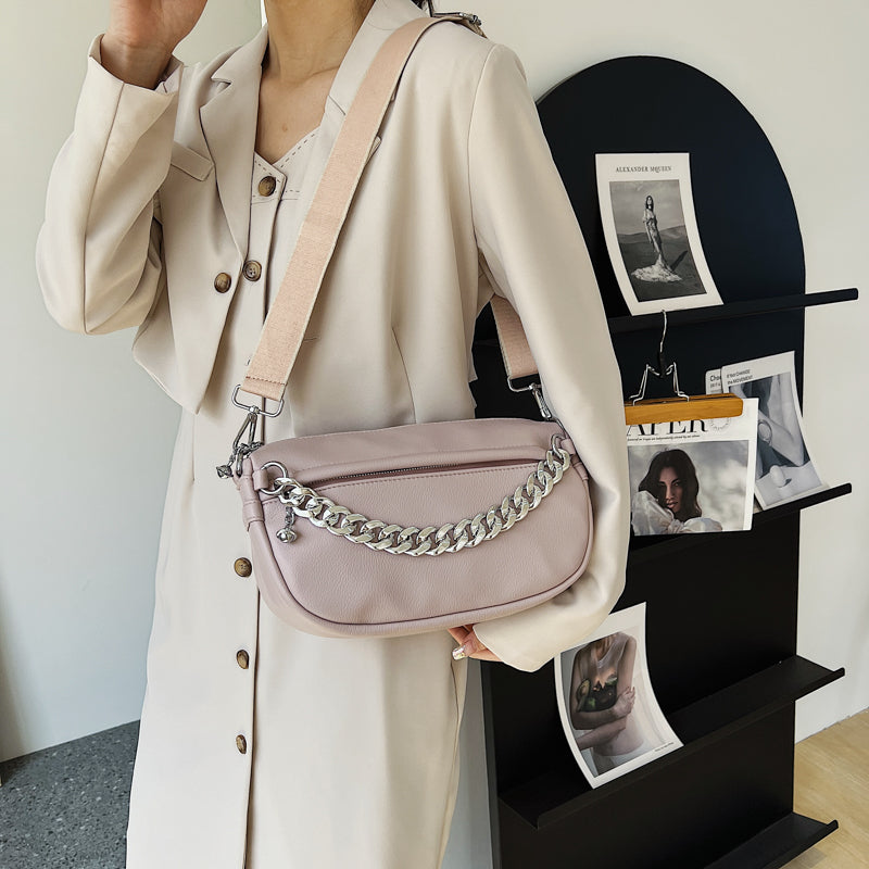 Solid Color Thick Chain Small PU Leather Crossbody Bags For Women 2022 Trend Fashion Shoulder Bag Wide Shoulder Belt Handbags