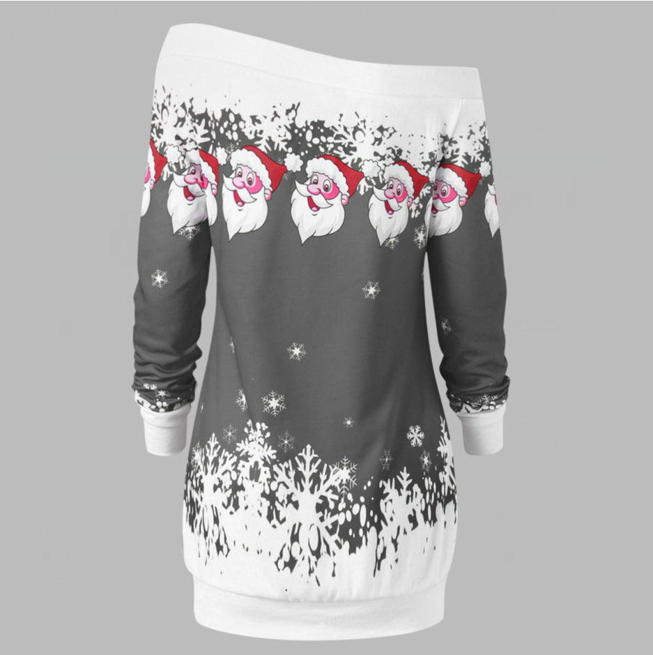 Christmas Women'S Positioning Printing One-Shoulder Long-Sleeved T-Shirt Sweater