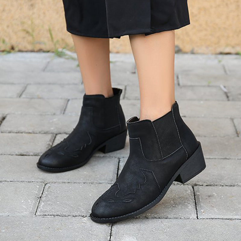 Women Western Ankle Boots Retro Chunky Mid Heel Shoes