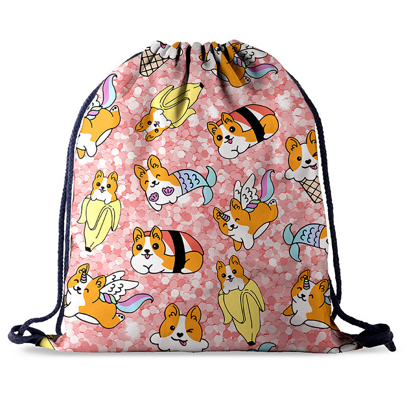 Outdoor Wear-resistant Oxford Cloth Digital Printing Cartoon Backpack Female Corgi Drawstring Pocket