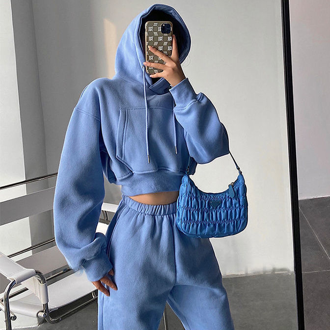 Hooded Short Pocket Plus Fleece Hoodie High Waist Loose Bunched Sweatpants Two-piece Set