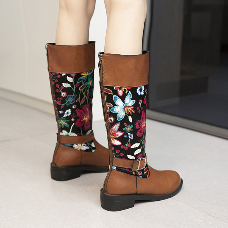 Flower Print Western Boots Fashion Mid Knee High Boots Winter Shoes