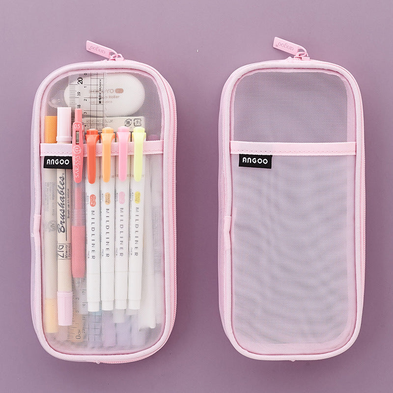 Mesh Pen Case Transparent Solid Color Stationery Storage Bag