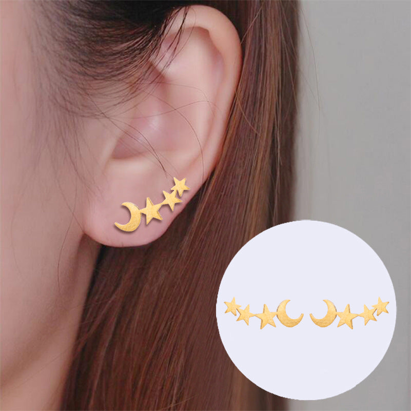 Cute Mini Girl Series Star Moon Combination Stud Earrings University Style Birthday Gift