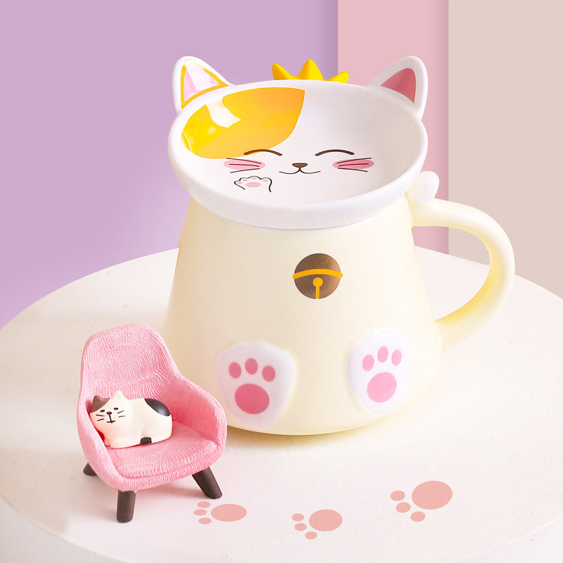 Cartoon Cat Ceramic Mug With Lid Spoon Cup