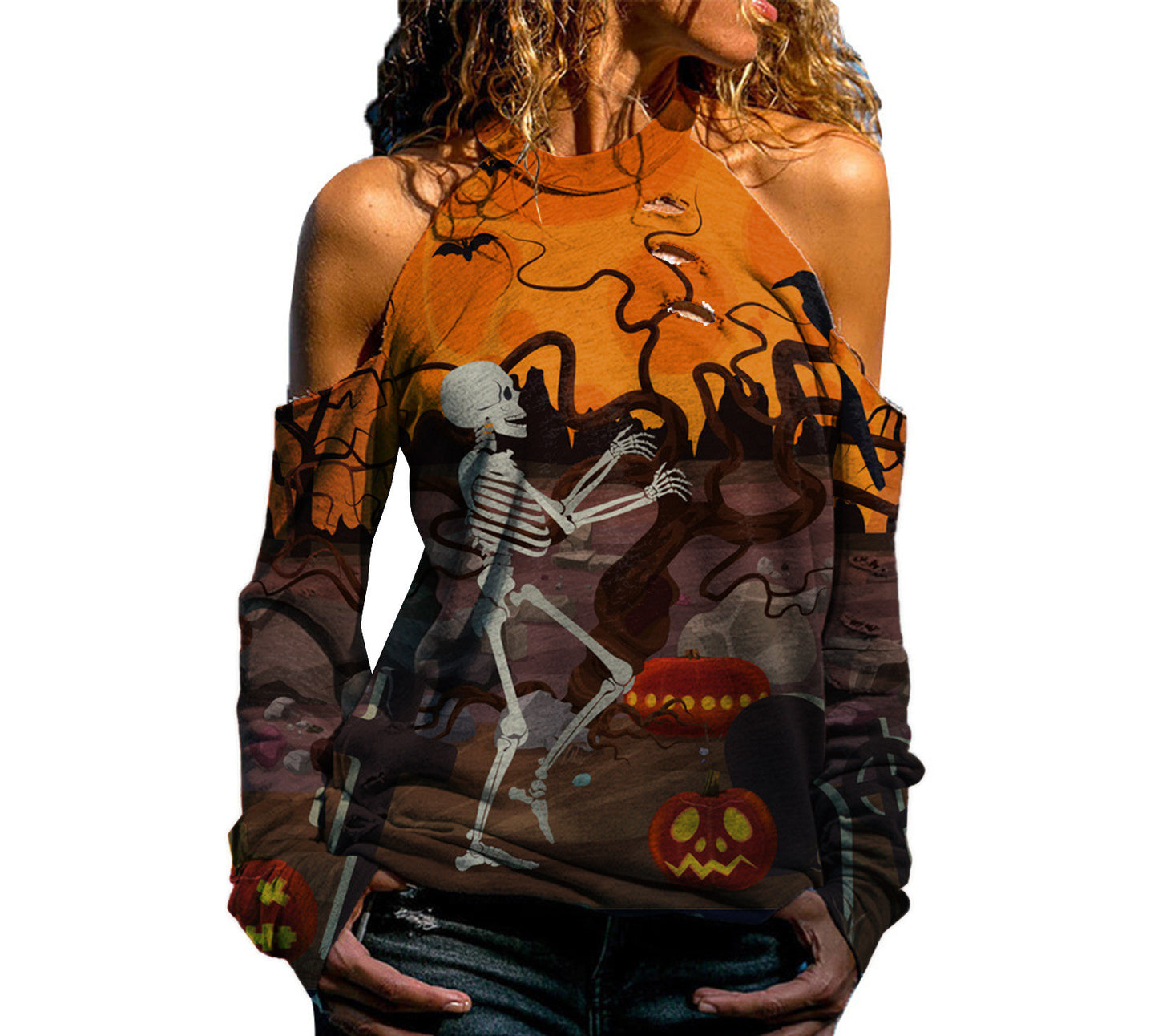 Halloween Off Shoulder Printed Top Womens Casual Loose Stitching Long Sleeved T Shirt