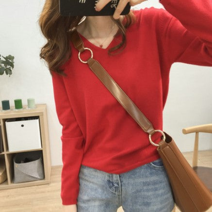 Loose Slimming V-neck Solid Color Long-sleeved Sweater