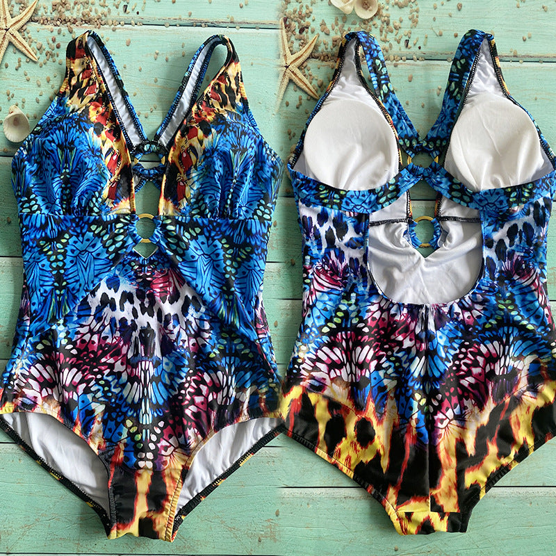 Printed Deep V Crossover Backless Bikini