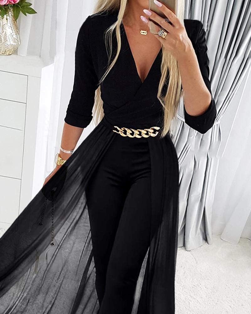 Women's Mesh Patchwork V-neck Jumpsuit