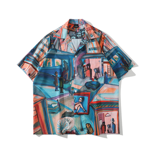 Japanese Retro Oil Painting Design Niche Summer Shirt