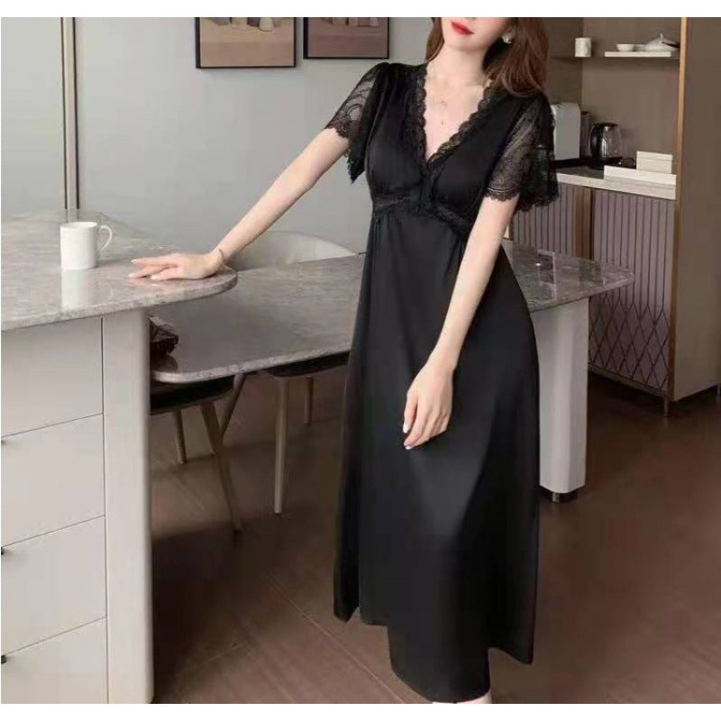 Women's Dress With Lace And Breast Pad Ice Silk Nightdress