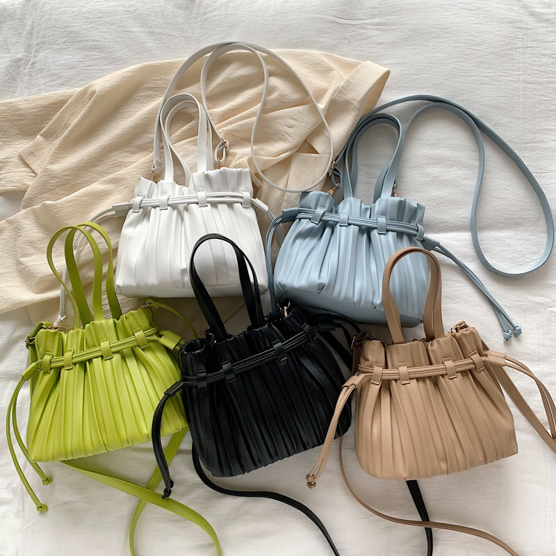 Fashion PU Leather Small Bucket Shoulder Bags With Pleats For Women 2022 Summer Handbag And Purses Folds Crossbody Bag Cute Tote